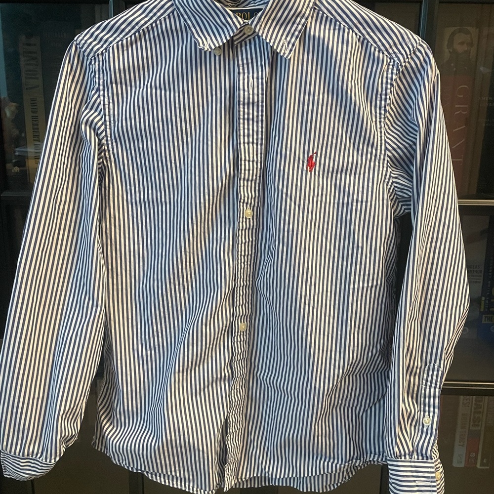 Ralph Lauren Men's White and Blue Striped Shirt